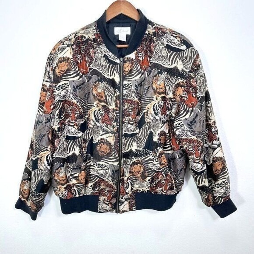 Vintage K Arnold Black Brown Leopard Cat Jungle Print Silk Bomber Jacket Size L